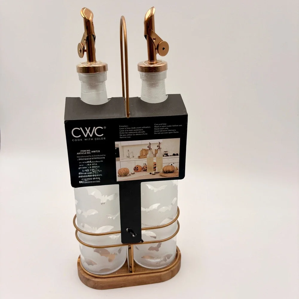 Cook With Color Oil and Vinegar Set Frosted Bat Glass Rose Gold Caddy Halloween